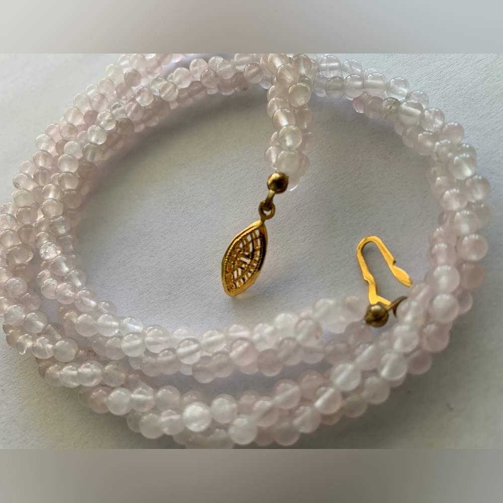 New vintage rose quartz polished triple strand pearls beads necklace